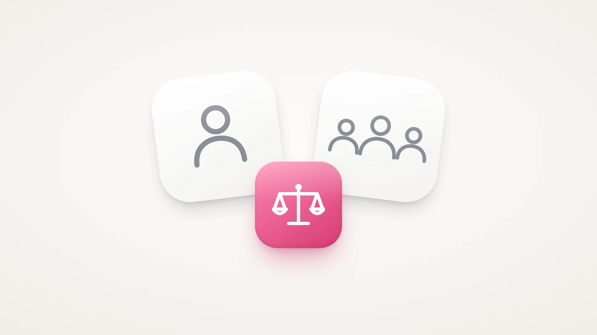 A minimal illustration on a soft warm-white background. Two large white tiles of the same size lean toward each other: the left one holds a single grey person, for a freelancer, and the right one holds three grey people, for an agency. A glossy rose-pink tile overlaps the gap between them at the bottom and holds a white balance scale, for weighing one against the other.