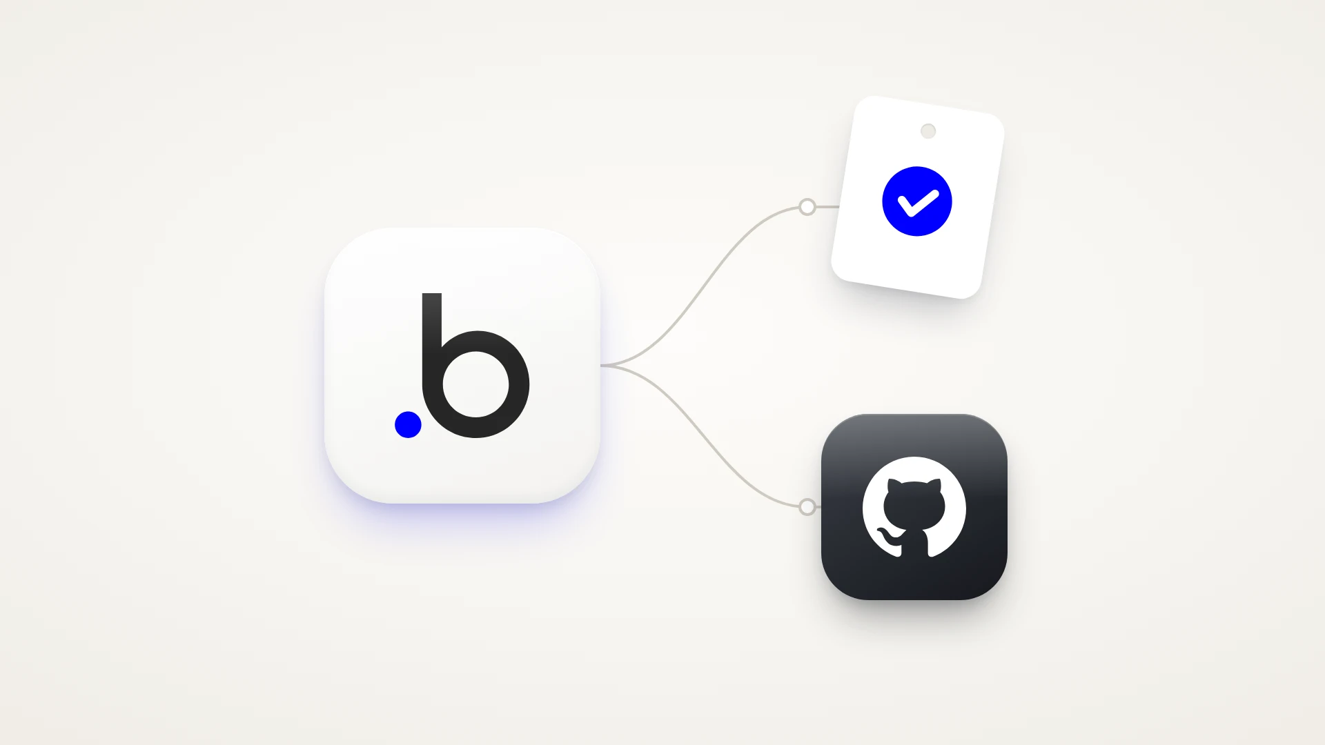 A minimal illustration on a soft warm-white background. A large glossy white app tile holds the Bubble logo, a dark lowercase b with a blue dot. Two thin grey lines curve out from it to the right: the upper one ends at a tilted white tag holding a blue circle with a white check mark, for a certified Bubble developer, and the lower one ends at a glossy black tile holding the GitHub logo, for code in your own repository.