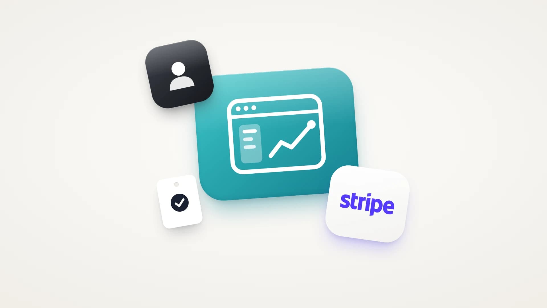 A minimal illustration on a soft warm-white background. A large, slightly tilted glossy teal tile holds a white app window with a menu and a rising line chart, for the SaaS product. Overlapping its corners are a tilted glossy black tile with a white person symbol, for the developer you hire, a white tile with the purple Stripe logo, for the subscription billing they have to get right, and a small white tag with a check mark, for testing a candidate before you hire.