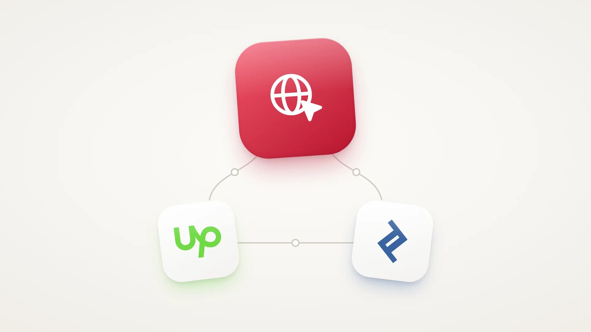 A minimal illustration of where to hire a web developer, on a soft warm-white background. A large glossy red tile with a white globe and a cursor sits at the top of a triangle. Below it, two white tiles carry the real Upwork and Toptal logos, and thin grey lines with hollow dots join the three tiles.