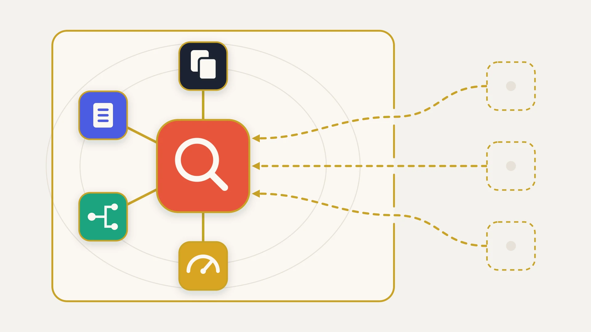 A cream card holding a large orange squircle with a magnifying glass icon at its centre, connected by thin gold lines to five smaller tiles arranged around it. Each satellite tile carries a simple glyph for one area of a portal audit: duplicate records, a properties list, a workflow branch, an API meter and a billing tag. Two faint concentric guide ellipses sit behind the arrangement.