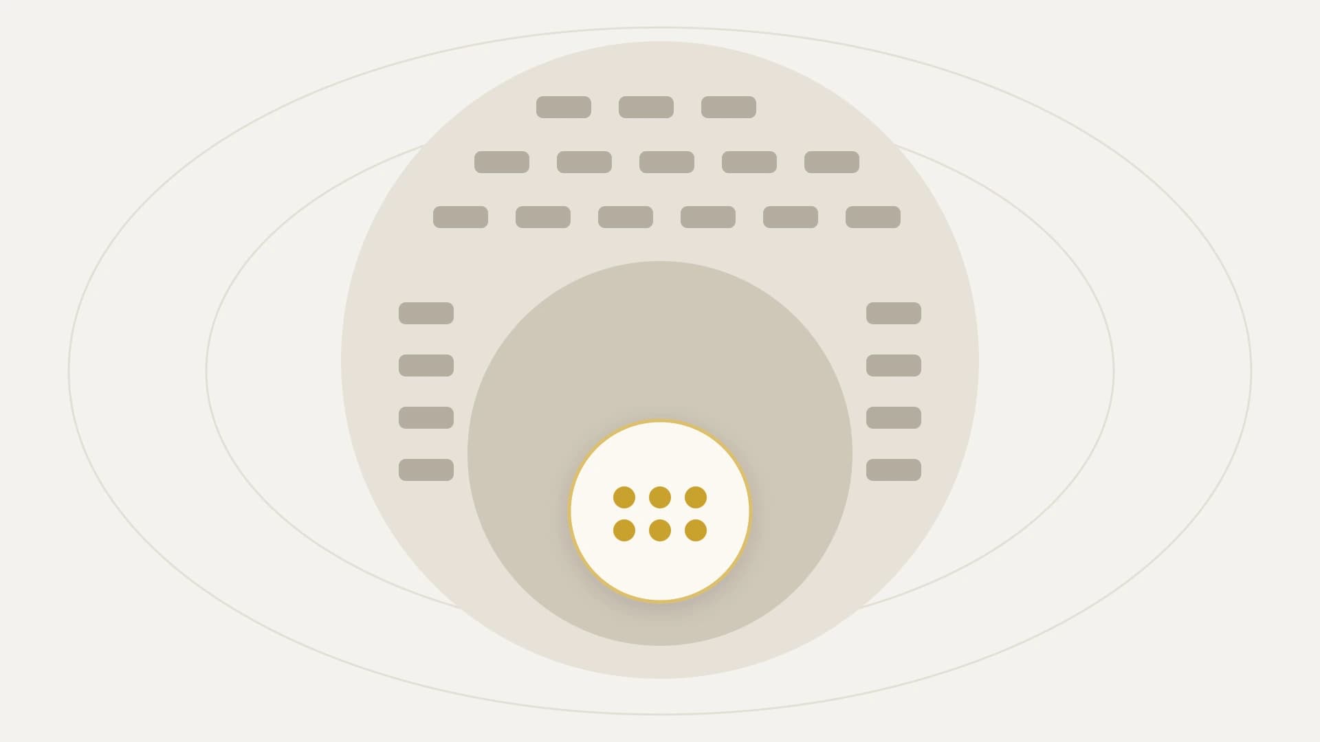 A flat vector scale diagram on a warm near-white ground with two faint concentric guide ellipses. Three circles of very different sizes nest inside one another with clear space between them. The largest is a soft grey-beige disc filling most of the frame, carrying twenty-two small rounded tiles that arc in three rows across its upper half and run in two columns down its left and right sides, standing for a marketplace of apps. A smaller, darker grey disc sits well inside it. At the centre of that sits a small cream disc bordered in gold, holding exactly six filled gold dots in two rows of three.