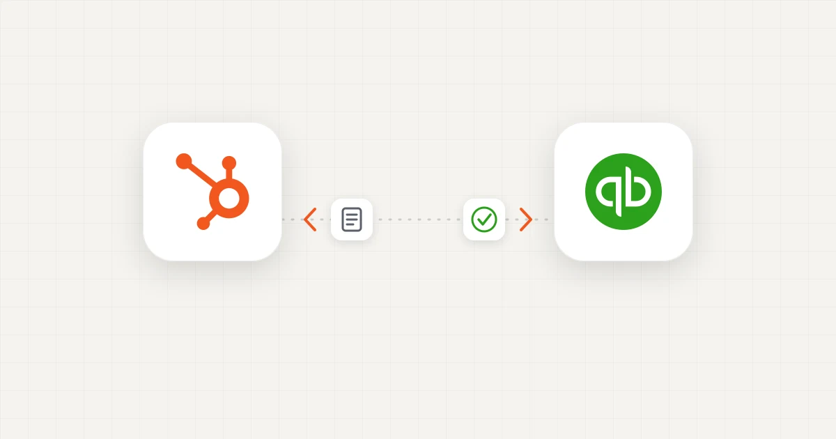 A HubSpot tile and a QuickBooks tile connected by a two-way sync link, illustrating deals, invoices, and payment status flowing between CRM and accounting