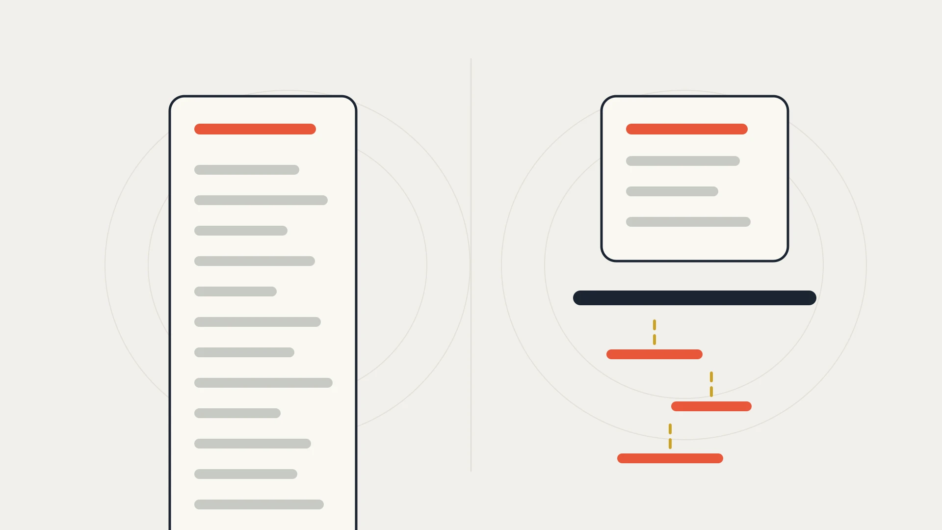 A flat vector illustration on a warm near-white ground, divided by a faint vertical hairline, with two faint concentric guide ellipses behind each half. On the left, a tall cream record card outlined in navy holds one orange-red field row at the top and a long column of evenly spaced grey field rows below it, and the card runs off the bottom edge of the frame with the rows still going. On the right, a card of the same width and outline holds the same orange-red row but only three grey rows, and it stops short. A heavy navy bar runs across the frame just beneath it, sealing the card. Below the bar, three orange-red field rows float unattached, each sending a short dashed gold lane upward that stops well before it reaches the bar.
