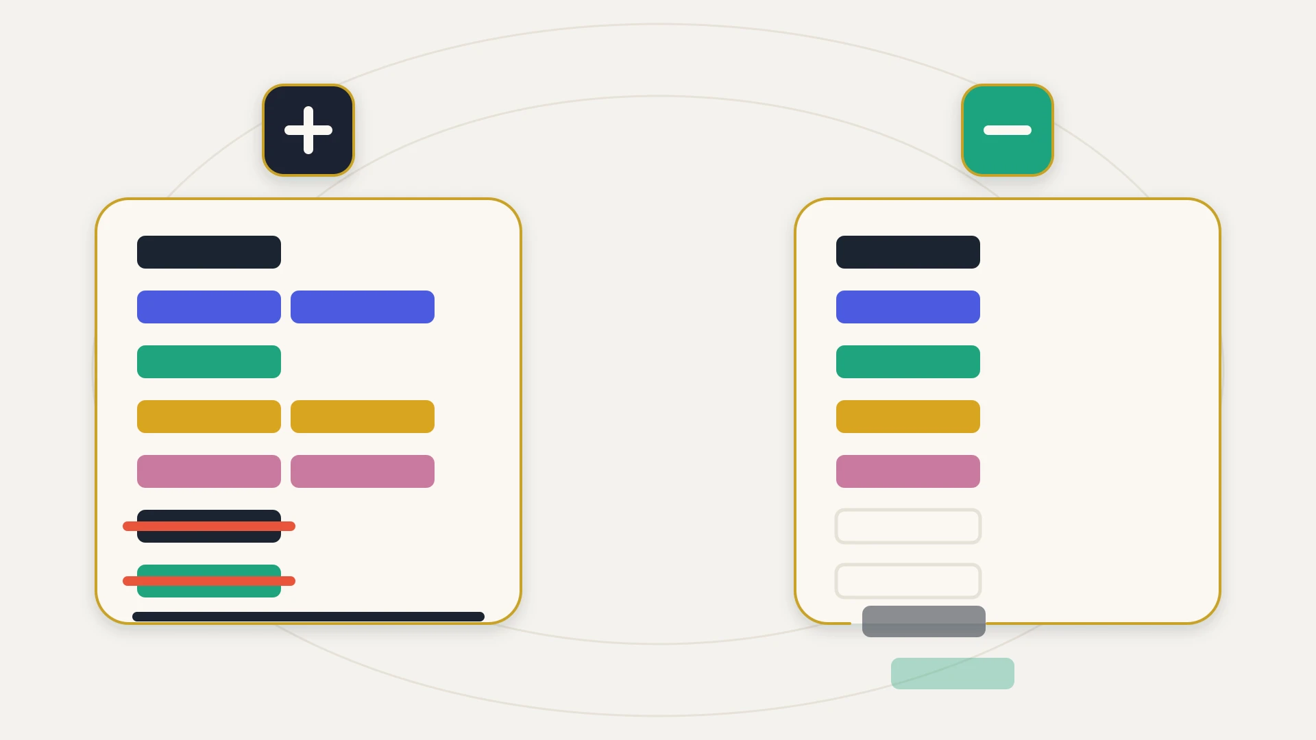 A flat vector roster comparison on a warm near-white ground with two faint concentric guide ellipses. Two identical cream cards bordered in gold sit side by side, each holding a column of seven contact rows in navy, indigo, teal, amber and pink. On the left card three of the rows are drawn twice, as a second identical bar set alongside the first, so those rows run visibly further to the right; the bottom two rows are struck through with a heavy orange-red line yet remain solidly filled, and a thick navy bar seals the base of the card. On the right card every row appears once, the bottom two rows are empty grey outlines, and the card's bottom border breaks open beneath them, where two faded records slide down and out of the frame.
