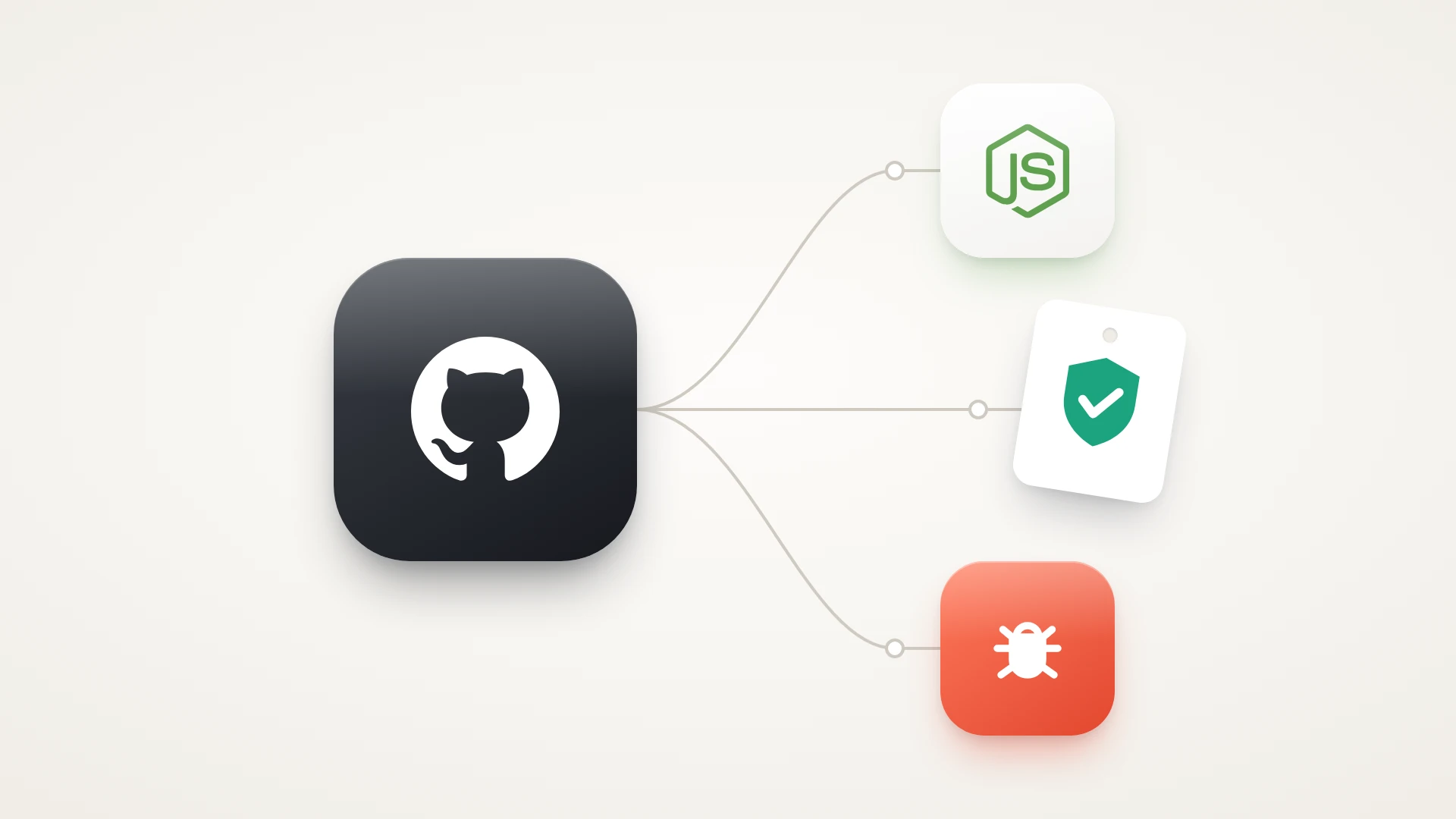 A minimal illustration on a soft warm-white background. A large glossy black app tile holds the GitHub logo, for your codebase. Three thin grey lines curve out from it to the right: one ends at a white tile holding the green Node.js logo, for runtime and dependency updates, one ends at a tilted white tag holding a green shield with a white check mark, for security patches, and one ends at an orange-red tile holding a white bug, for bug fixes.