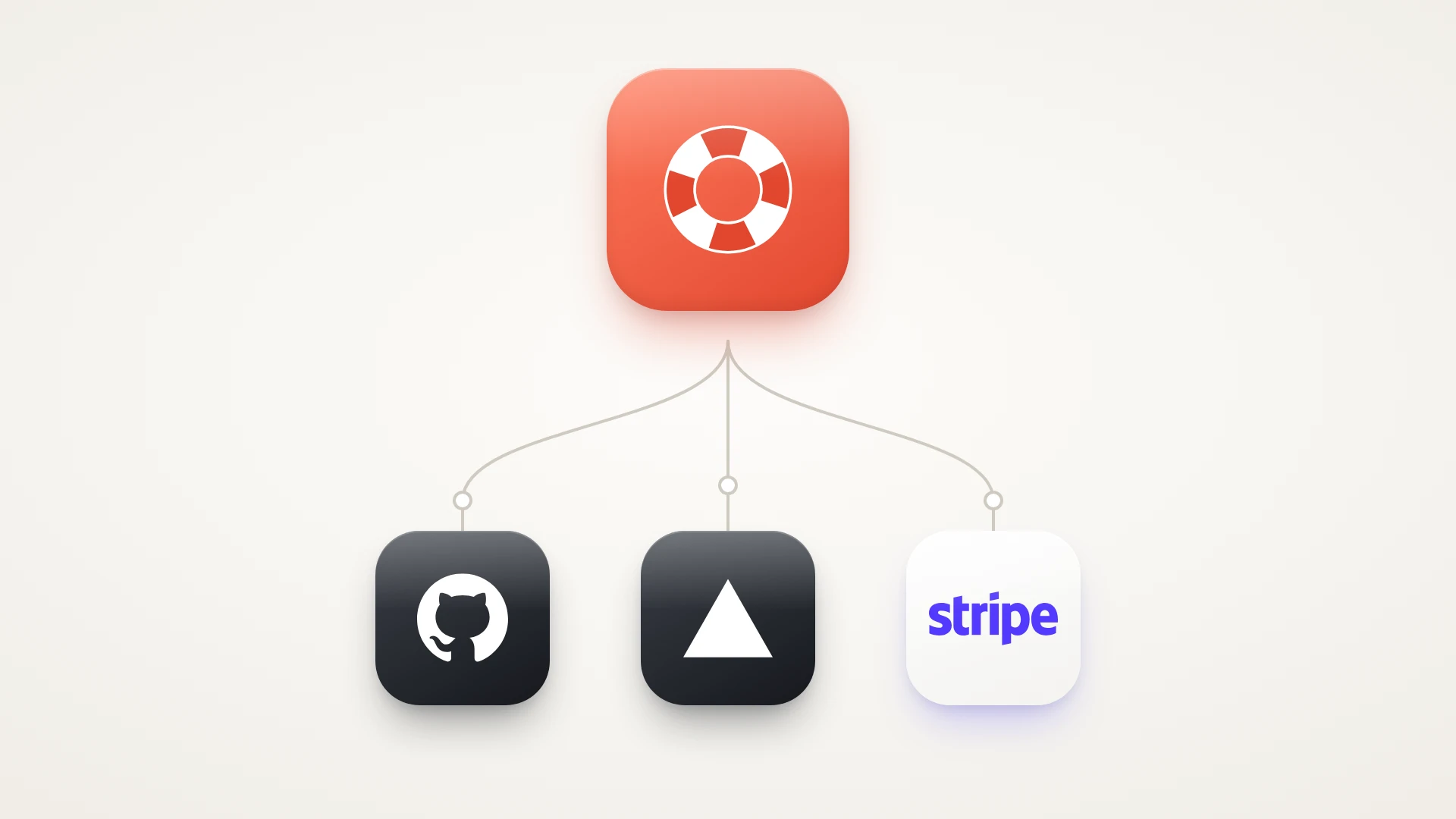 A minimal illustration on a soft warm-white background. A glossy orange-red app tile at the top centre holds a white lifebuoy, for the rescue. Three thin grey lines with small hollow dots fan down from it to a row of three glossy tiles holding the accounts you take back first: the GitHub logo on black for your code, the Vercel triangle on black for your hosting, and the purple Stripe logo for your payments.
