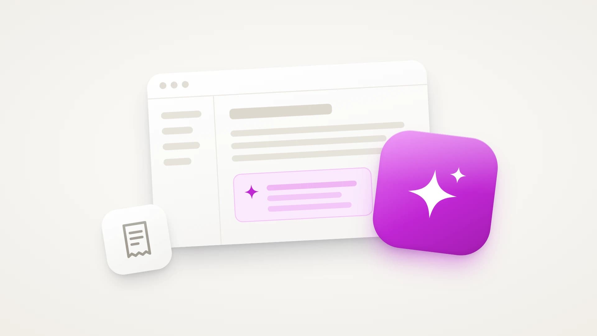 A minimal illustration on a soft warm-white background. A wide white app window, slightly tilted, with a sidebar and grey lines of content, holds a pale pink panel with a small fuchsia sparkle: an AI summary inside an existing product. A large glossy fuchsia tile with two white sparkles is docked over the window's lower right corner, for the AI feature being added. A small tilted white tile at the lower left holds a grey receipt, for the monthly model bill.