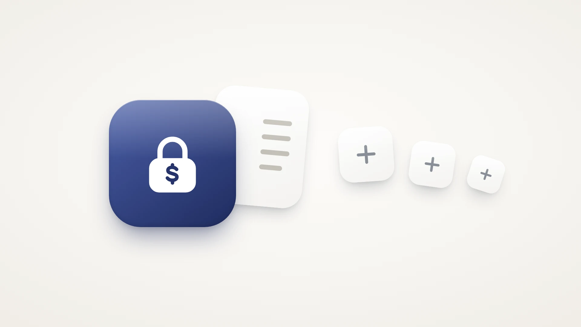 A minimal illustration on a soft warm-white background. A large glossy navy tile holds a white padlock with a navy dollar sign on its body: the locked price. Tucked behind it to the right, a tall white sheet with four grey lines stands for the written scope. Further right, three small white tiles with grey plus signs drift away from the sheet, each smaller and more tilted than the last: the changes that fall outside the fixed price.