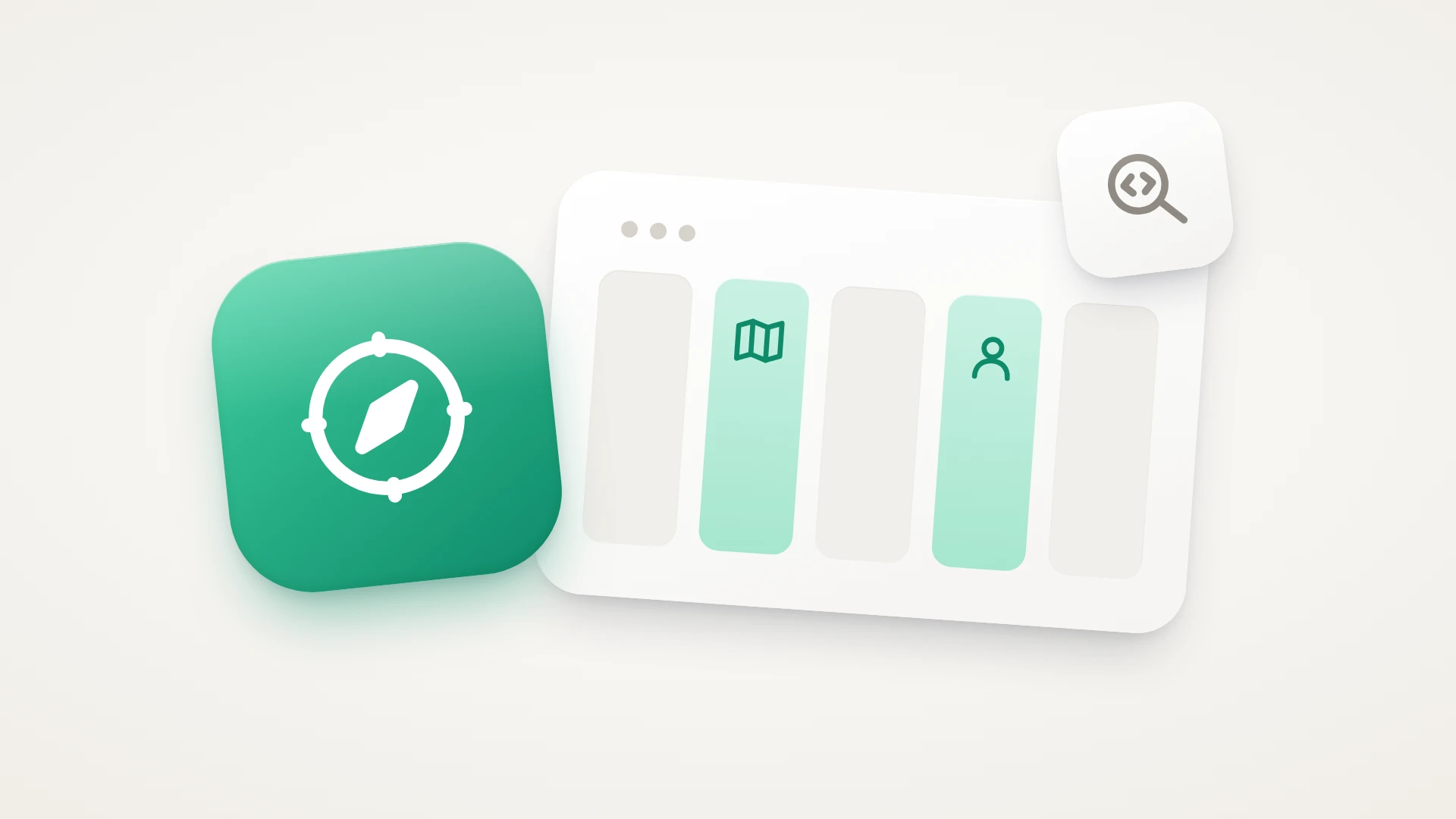 A minimal illustration of fractional CTO services, on a soft warm-white background. A large glossy sea-green tile on the left, tilted slightly, holds a white compass. It overlaps a wide white card shaped like a week planner with five tall day columns: two are filled pale green, one with a map and one with a person, and three are empty grey, showing a CTO for part of the week. A small white tile at the top right carries a grey magnifying glass over code brackets.