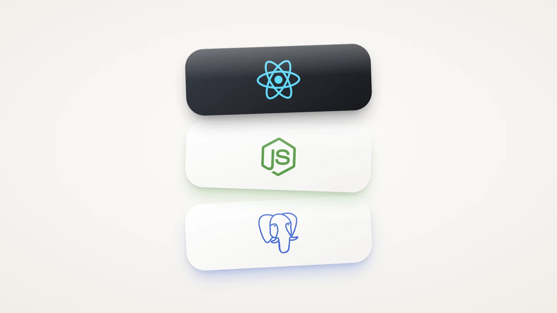 A minimal illustration on a soft warm-white background: three wide glossy rounded layers stacked one above another and slightly tilted, like the layers of a web app. The top layer is black with the cyan React logo, for the front end. The middle layer is white with the green Node.js logo, for the back end. The bottom layer is white with the blue PostgreSQL elephant, for the database.