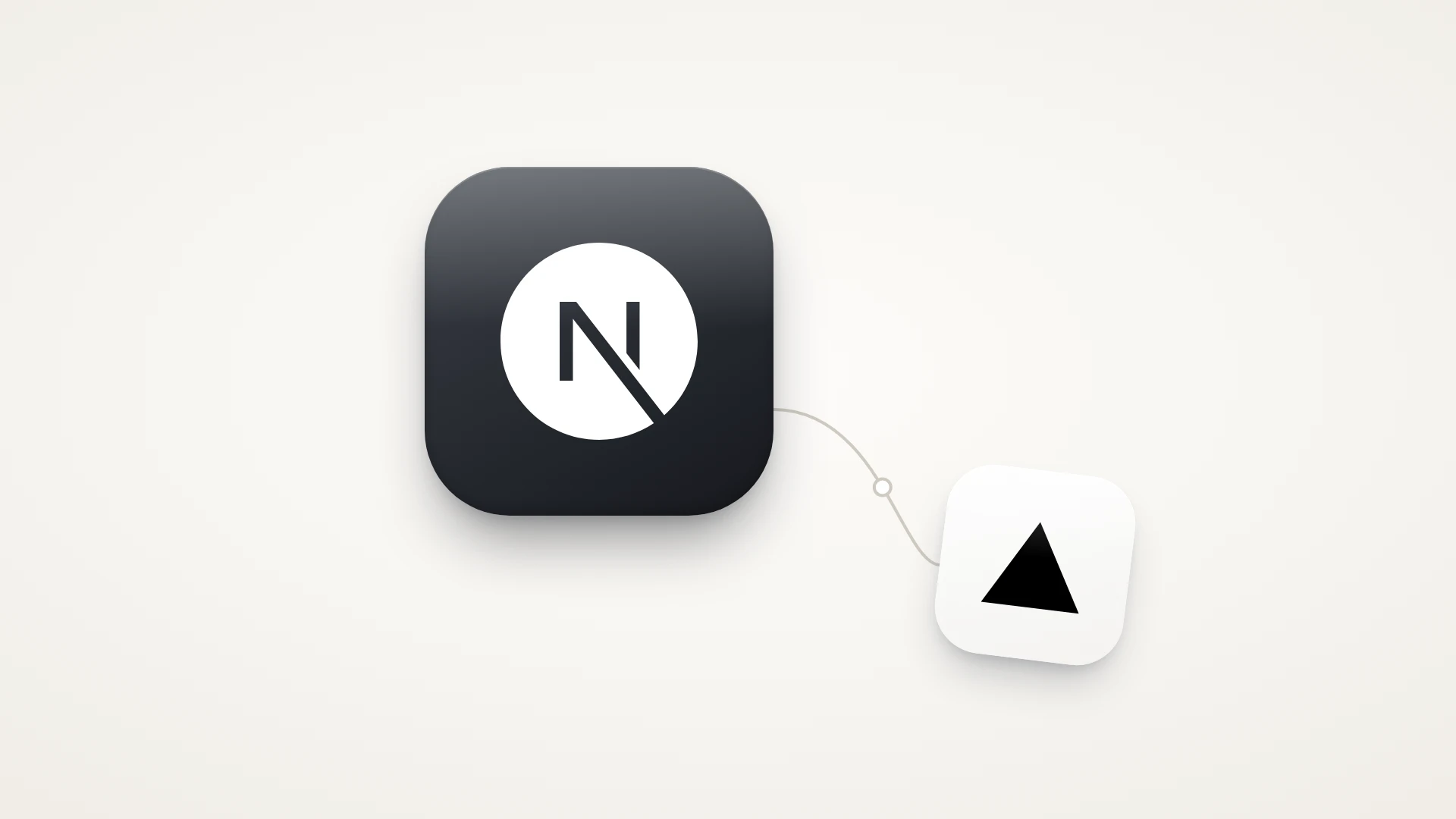 A minimal illustration on a soft warm-white background. A large glossy black tile holds the white Next.js logo. A thin grey line with a small hollow dot curves down from it to a tilted white tile at the lower right holding the black Vercel triangle, for where Next.js apps are usually deployed.