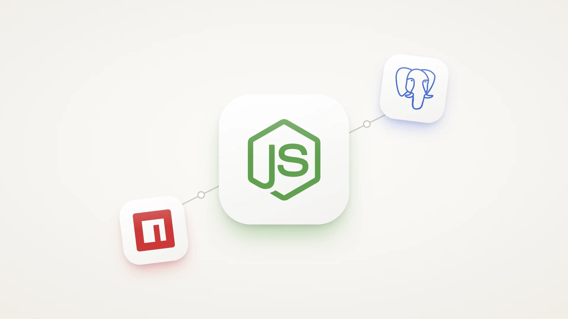 A minimal illustration on a soft warm-white background, rising on a diagonal from lower left to upper right. A small tilted white tile with the red npm logo, for the packages a Node.js app depends on, connects by a thin grey line with a hollow dot to a large glossy white tile in the centre holding the green Node.js logo. A second line leads up to a small tilted white tile with the blue PostgreSQL elephant, for the database behind the backend.