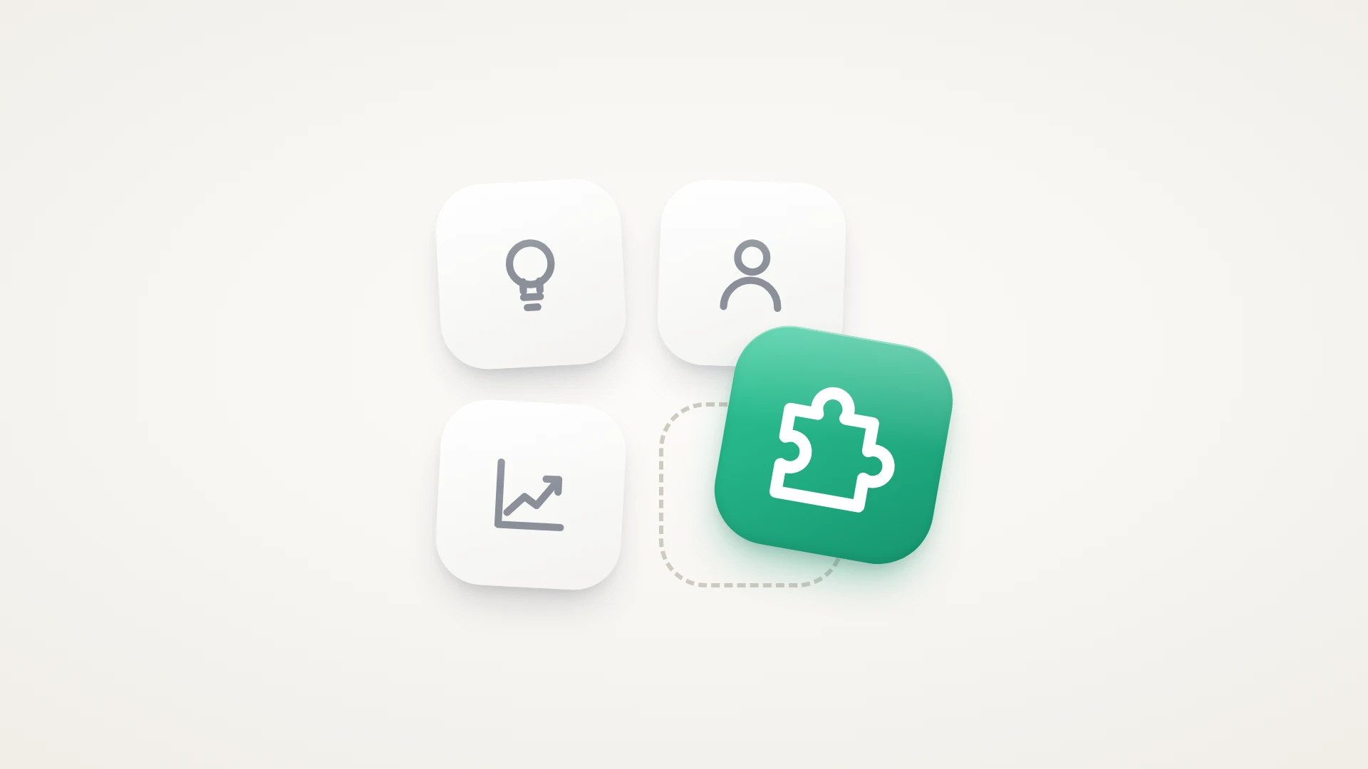 A minimal illustration on a soft warm-white background. Four tiles sit in a two by two grid. Three are white with grey line icons: a lightbulb for the idea, a person for the founder, and a rising chart for early traction. The fourth place is an empty dashed outline, and a glossy green tile holding a white puzzle piece hovers over it, tilted, about to fill the gap: the missing technical cofounder.