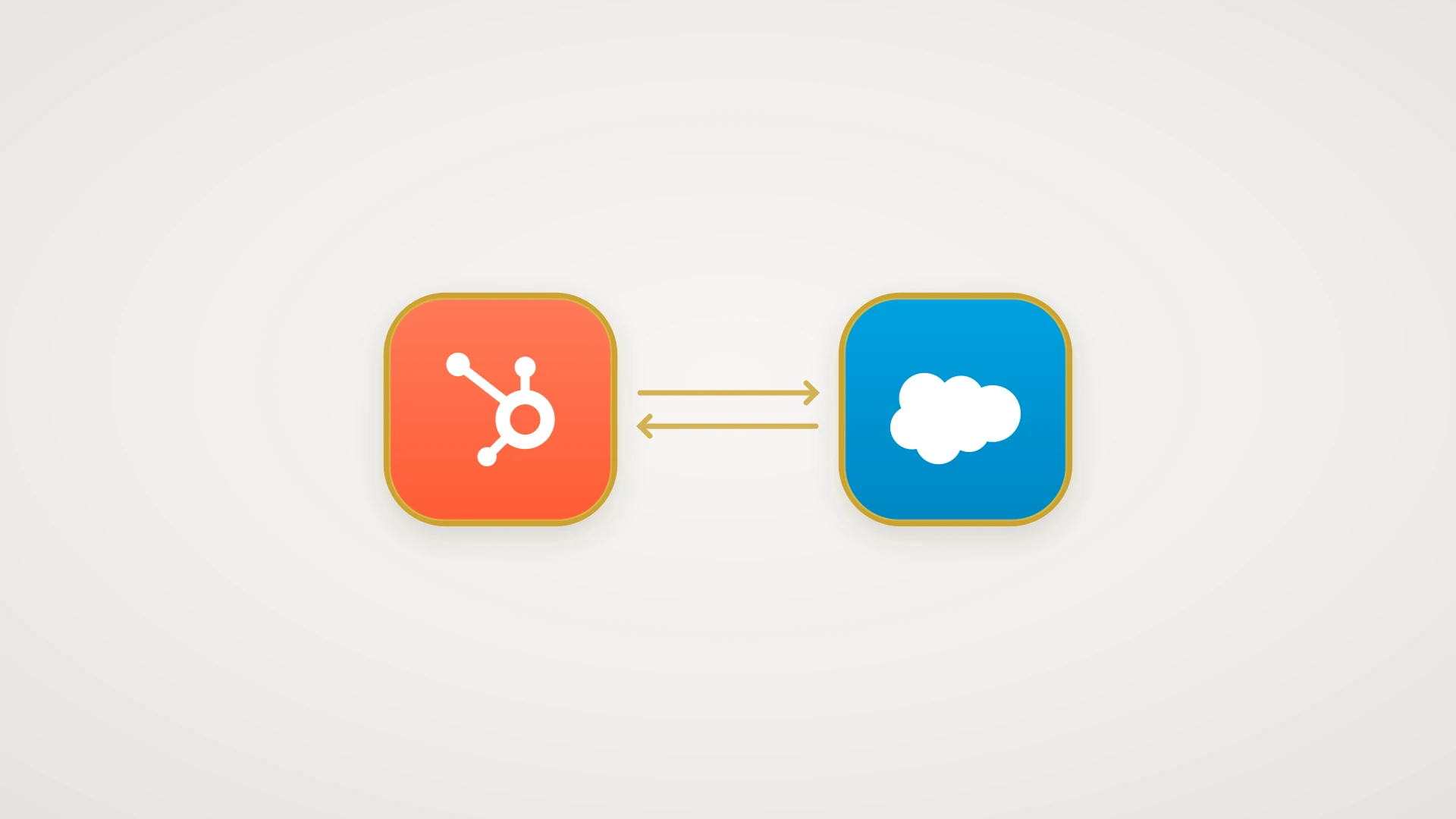 A HubSpot tile and a Salesforce tile connected by a two-way sync link, illustrating records flowing between the two systems