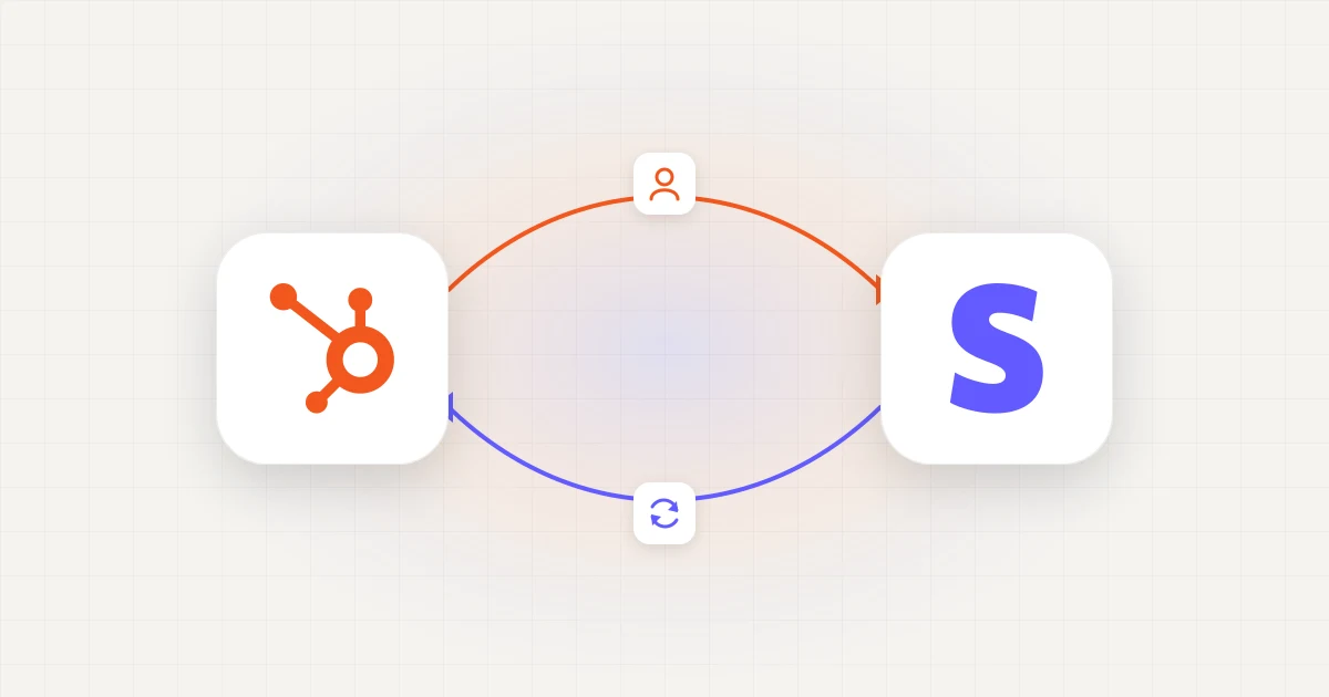 A HubSpot tile and a Stripe tile connected by a two-way sync link, illustrating payments, subscriptions, and customer data flowing between CRM and payment processing