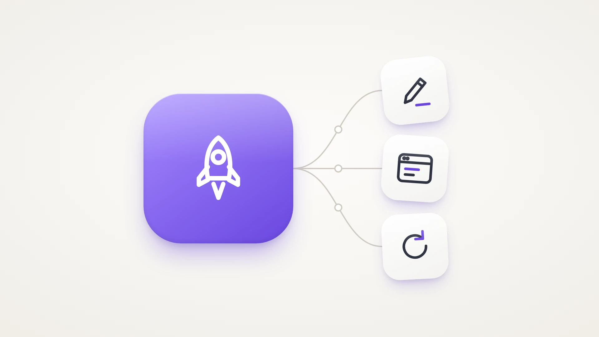 A minimal illustration on a soft warm-white background. A large glossy violet tile on the left holds a white rocket lifting off, for launching a first version. Thin grey lines with small hollow dots curve from it to a column of three tilted white tiles on the right: a pencil for scoping, a browser window for the build, and a circular arrow for the next version.