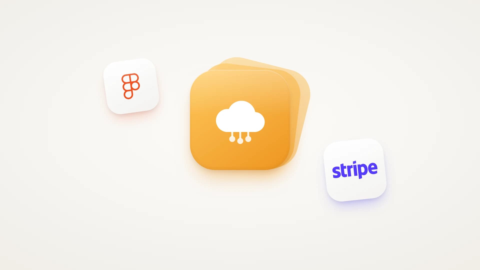 A minimal illustration on a soft warm-white background. A large glossy amber tile holds a white cloud with three small customer dots hanging below it, for many customers sharing one SaaS app, with two paler amber cards fanned out behind it like a deck. A tilted white tile at the upper left holds the Figma logo, for design, and a tilted white tile at the lower right holds the purple Stripe logo, for subscription billing.