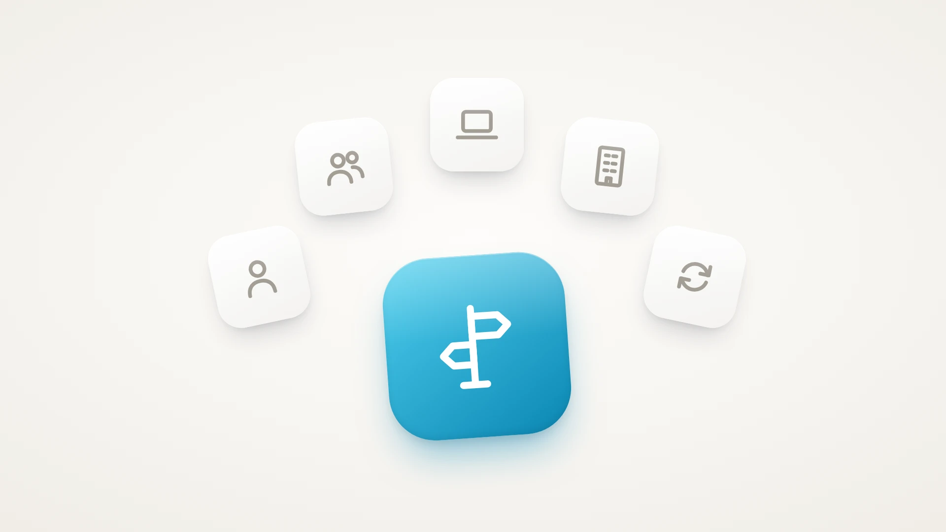 A minimal illustration of the options for software development for startups, on a soft warm-white background. Five small white tiles curve in an arc like a fan, each a route to getting software built: a grey person for hiring a developer, two people for a technical cofounder, a laptop for a freelancer, an office building for a software development company, and circular arrows for a monthly subscription. Below the arc sits a large glossy cyan tile, tilted slightly, with a white signpost pointing two ways.