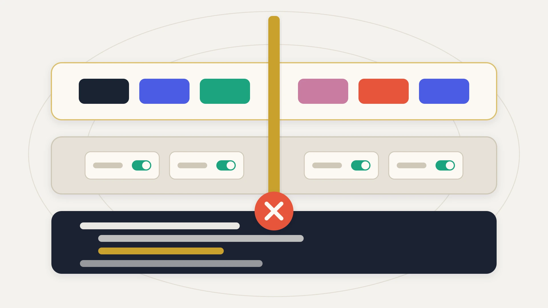 A flat vector cross-section on a warm near-white ground with two faint concentric guide ellipses. Three stacked horizontal bands span the frame. The top cream band, bordered in gold, holds six solid rounded tiles in navy, indigo, teal, pink, orange-red and indigo again. The middle grey band holds four cream tiles, each pairing a short grey label bar with a green toggle switch flipped on. The bottom band is solid navy and holds four stacked bars of differing lengths, three in cream and grey and one in gold, arranged like indented lines of code. A heavy gold column descends from the top of the frame and passes straight through the first two bands, then stops at the upper edge of the navy band, where an oversized orange-red circle containing a cream cross marks the halt. The bars inside the navy band are never reached.