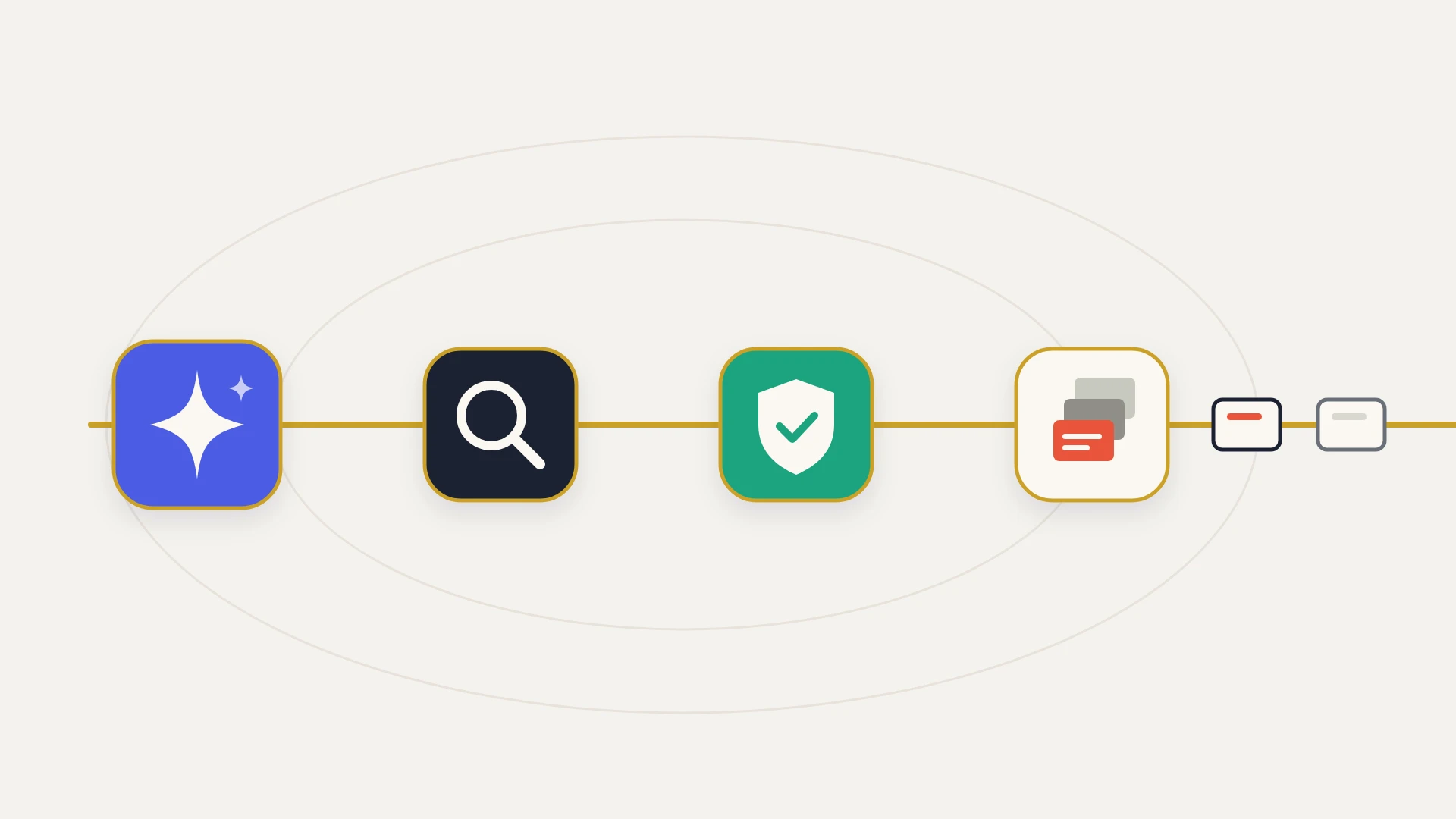 A flat vector illustration on a warm near-white ground with two faint concentric guide ellipses. A gold line runs left to right through four rounded tiles: an indigo tile with a cream four-point sparkle, a navy tile with a cream magnifying glass, a teal tile with a cream shield holding a check mark, and a cream tile holding a small stack of request cards with an orange-red card in front. The line continues past two small outlined cards, the second fainter, toward the right edge.